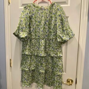 Melloday Floral Print Tiered Mini Dress Green Blue Puff Sleeve M‎